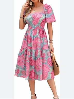 Kormei Smocked Maxi Dress Puff Sleeve Boho Flowy Tiered Wedding Guest size Small